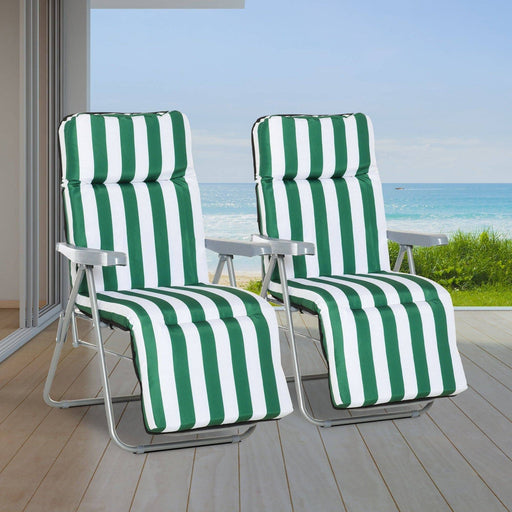 Set of 2 Foldable Recliner Sun Loungers with Fire Retardant Cushions - Green/White - Outsunny - Green4Life