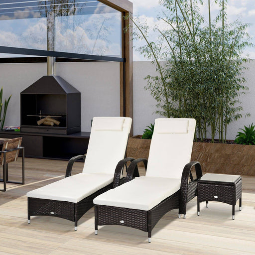 Set of Two PE Rattan Sun Loungers with Side Table - Brown/White - Outsunny - Green4Life