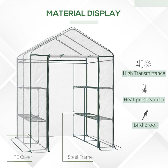 Outsunny 143 L x 143W x 195H (cm) Walk-In Greenhouse with 3 Tiers &  8 Shelves, Metal Frame, PVC Film - Transparent - Green4Life