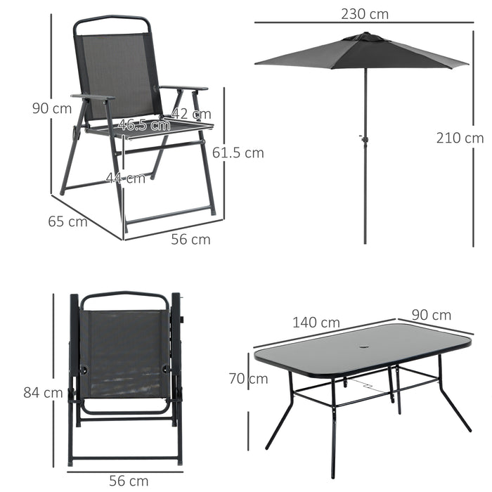 6-Seater Garden Dining Set with Parasol and Folding Chairs - Black - Outsunny