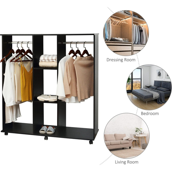 Double Mobile Open Wardrobe with Hanging Rails & Shelves - Black - Green4Life