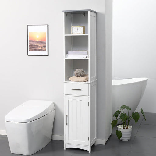 kleankin Tall Bathroom Storage Cabinet with 3 Tier Shelf, Cupboard & Drawer - White/Grey - Green4Life