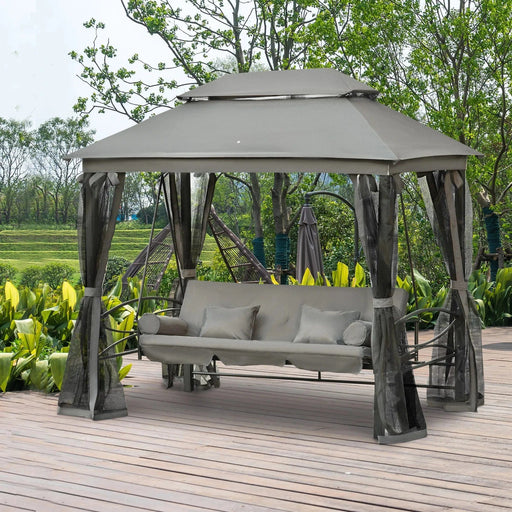 Outsunny 3 Seater Swing Chair 3-in-1 Convertible Gazebo with Double Tier Canopy, Cushioned Seat and Mesh Sidewalls - Grey - Green4Life