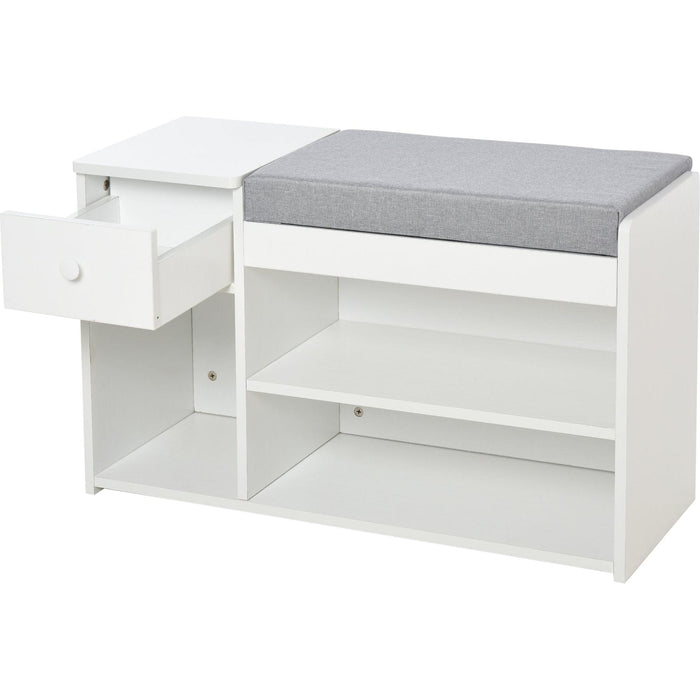 Wooden Shoe Bench with Hidden Storage, Padded Seat & 3 Open Compartments - White/Grey - Green4Life