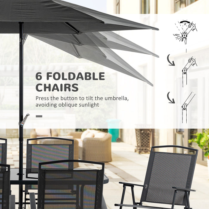 6-Seater Garden Dining Set with Parasol and Folding Chairs - Black - Outsunny