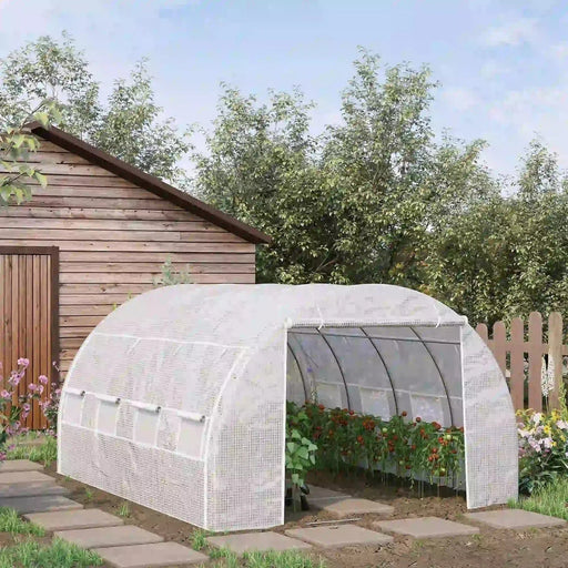 Outsunny 4 x 3 x 2 m Polytunnel Greenhouse with Steel Frame Zippered Door and 8 Windows for Garden and Backyard - White - Green4Life