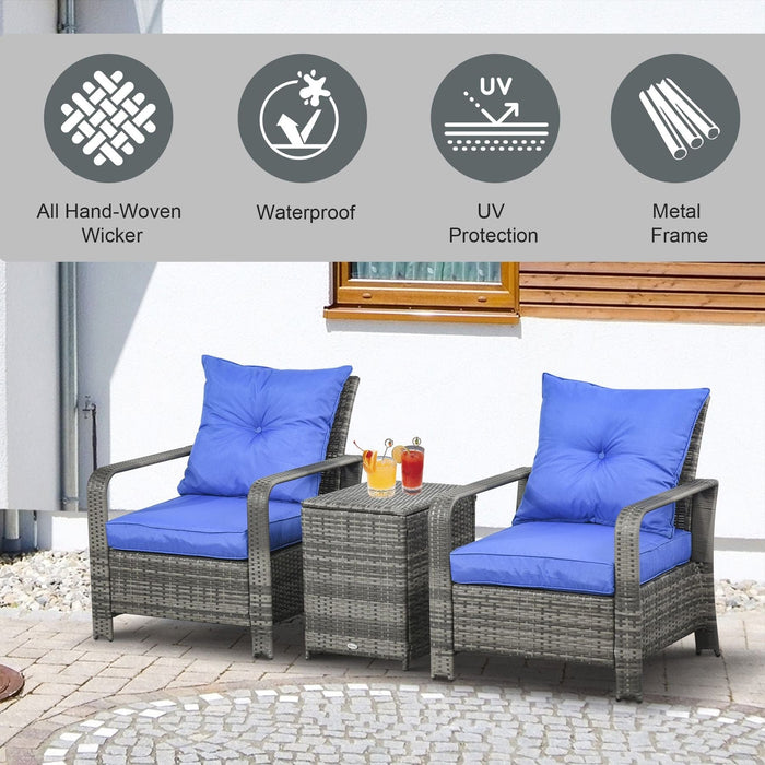 Outsunny 3-Piece PE Rattan Wicker Bistro Set with Armchairs & Storage Table - Blue - Green4Life