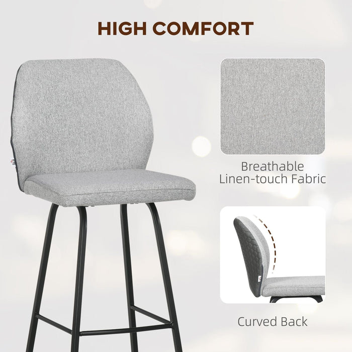 Set of 2 Linen-Touch Upholstered Bar Chairs with Backs and Steel Legs - Light Grey - Green4Life