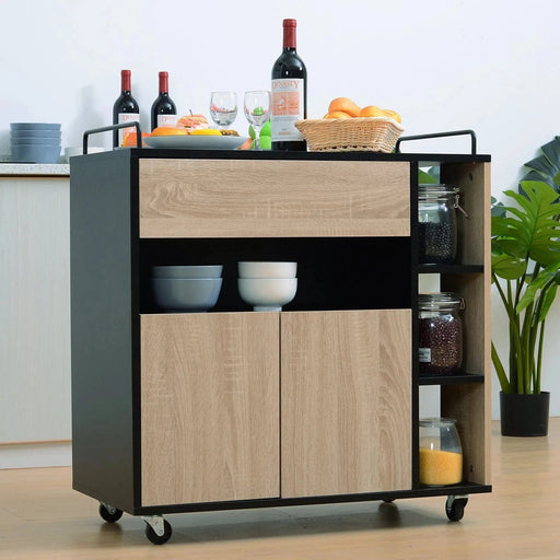 Kitchen Storage Trolley Cupboard with Shelves & 2 Handles - Oak/Black - Green4Life