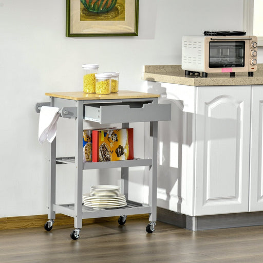 Kitchen Trolley with Rubberwood Worktop, Towel Rack, Storage Shelves & Drawer - Grey - Green4Life