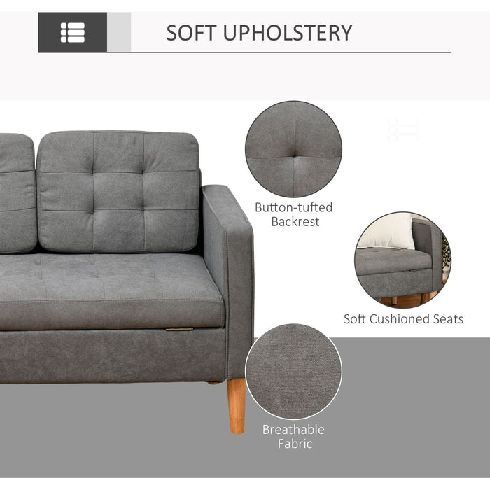 3-Seater Sofa with Button-Tufted Fabric Upholstery & Hidden Storage - Grey - Green4Life