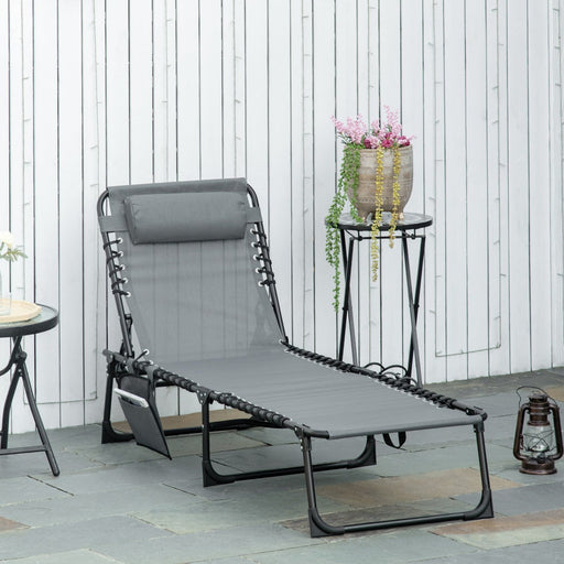 Grey Folding Sun Lounger - Adjustable Recliner with Pillow - Outsunny - Green4Life