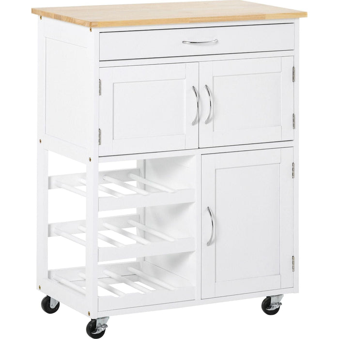 Kitchen Trolley with Drawer, 9-bottle Wine Rack & Cabinets - White - Green4Life