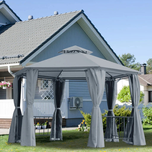 Outsunny 3 x 3(m) Hexagonal Gazebo with 2-Tier Roof, Curtains & Nets - Grey - Green4Life