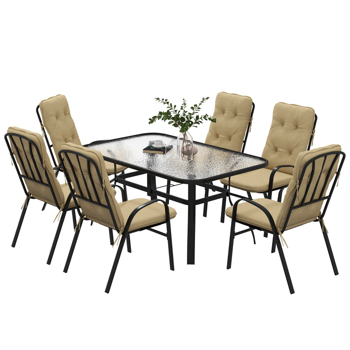 Luxe Outdoor Dining Ensemble - 7-Piece Set with Cushioned Armchairs & Glass Top Table - Beige - Outsunny