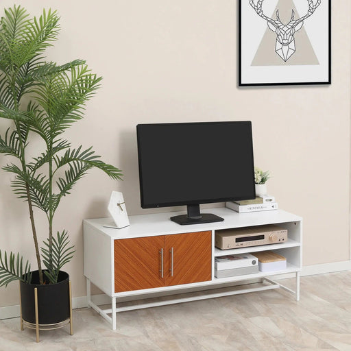 Longline TV Stand with Wood-Effect Doors - White & Brown - Green4Life