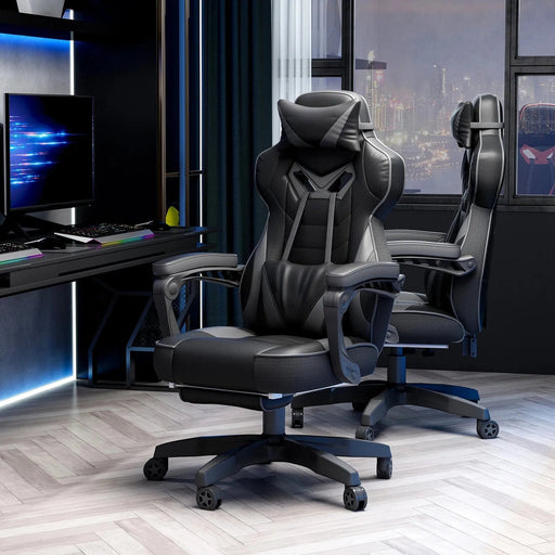Vinsetto PU Leather Gaming Chair with Footrest and Headrest - Grey/Black - Green4Life