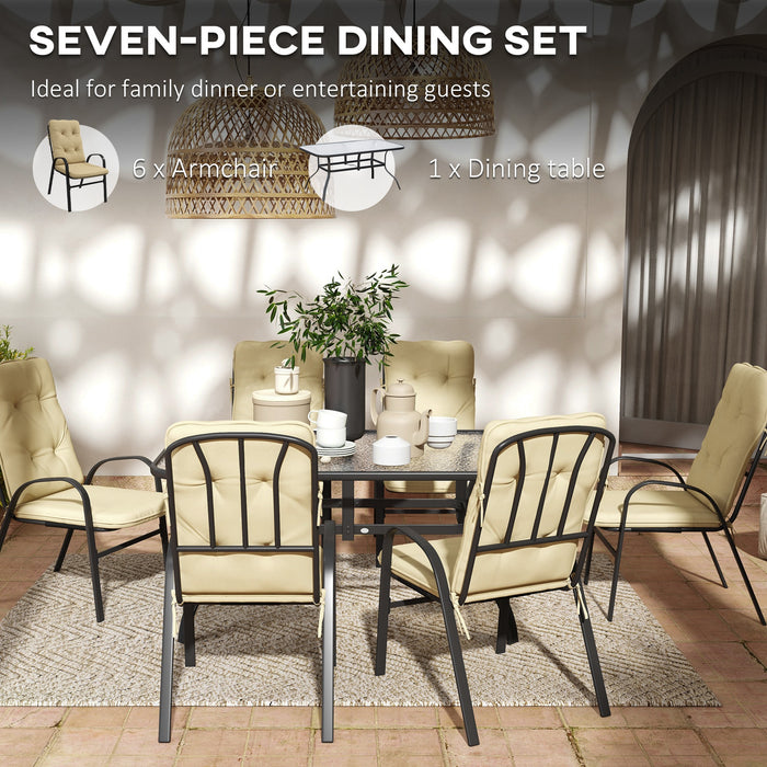 Luxe Outdoor Dining Ensemble - 7-Piece Set with Cushioned Armchairs & Glass Top Table - Beige - Outsunny