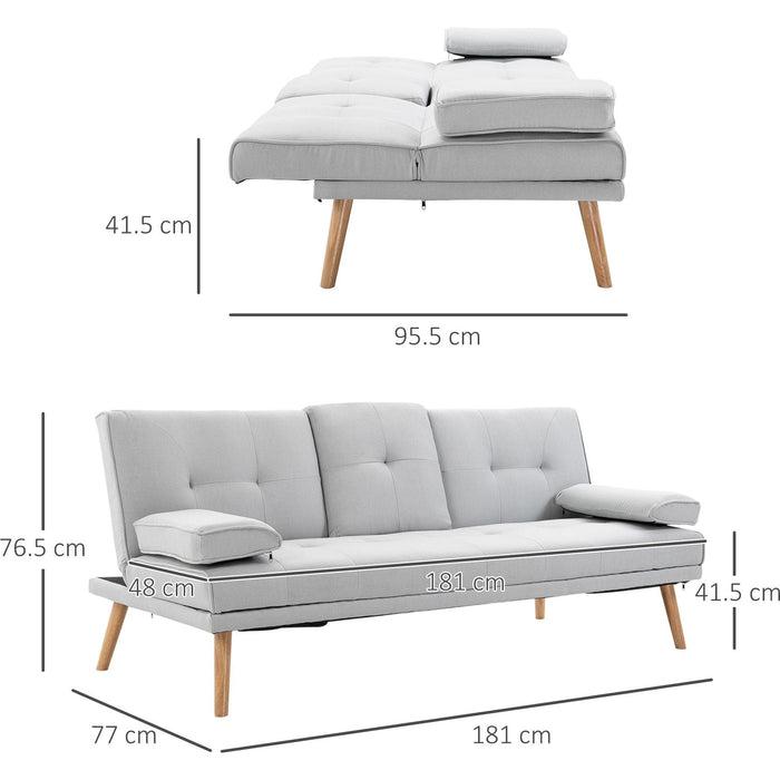 Scandinavian Style 3 Seater Convertible Sofa Bed with Adjustable Split Back and Armrests, Middle Table with Cup Holder - Grey - Green4Life