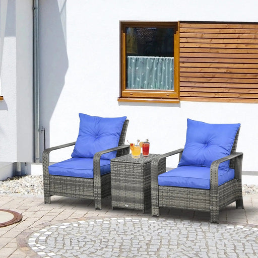 Outsunny 3-Piece PE Rattan Wicker Bistro Set with Armchairs & Storage Table - Blue - Green4Life