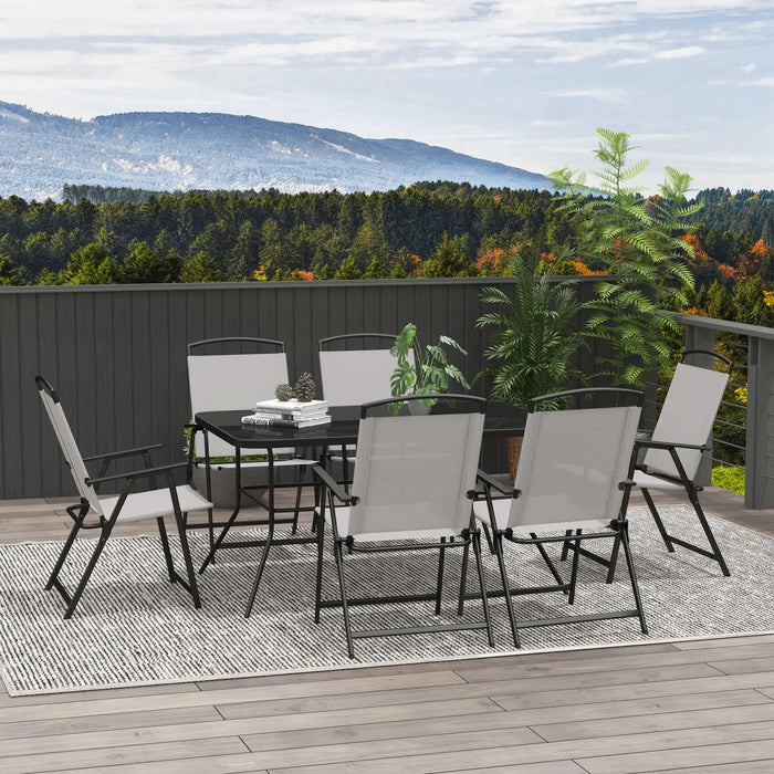 6-Seater Garden Dining Set with Parasol and Folding Chairs - Grey - Outsunny