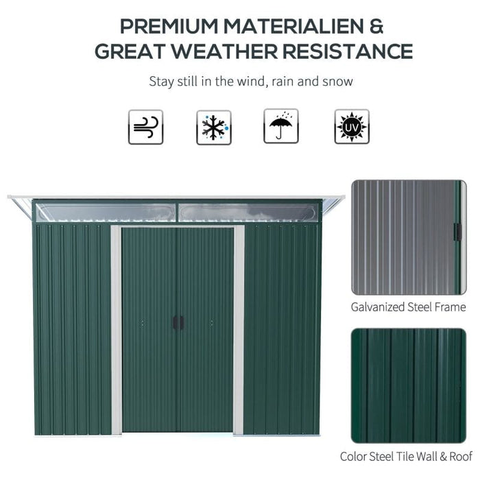 Outsunny Metal Garden Storage Shed with Double Sliding Doors 260L x 133W x 200Hcm - Green - Green4Life