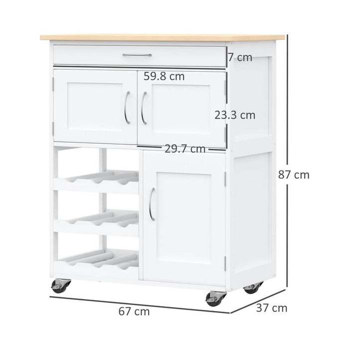 Kitchen Trolley with Drawer, 9-bottle Wine Rack & Cabinets - White - Green4Life