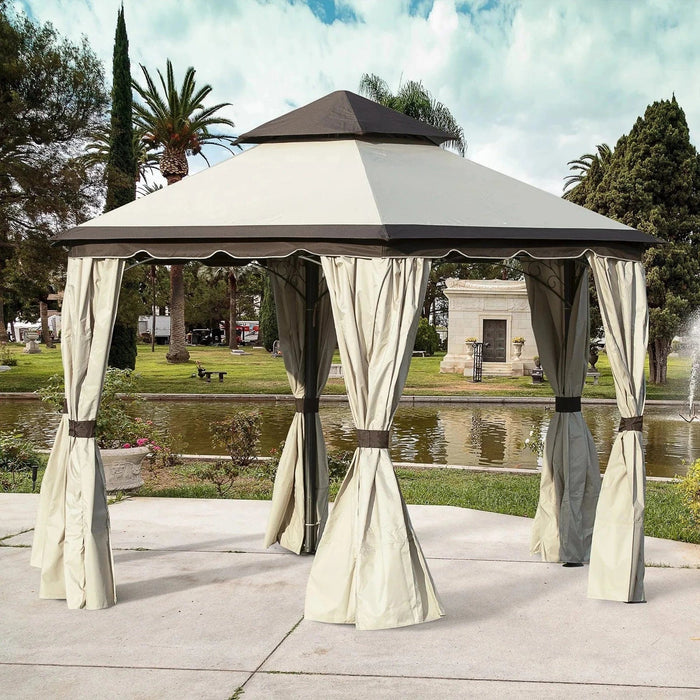 Outsunny 3.4m Classic Beige Steel Gazebo with Tiered Roof and Curtains - Green4Life