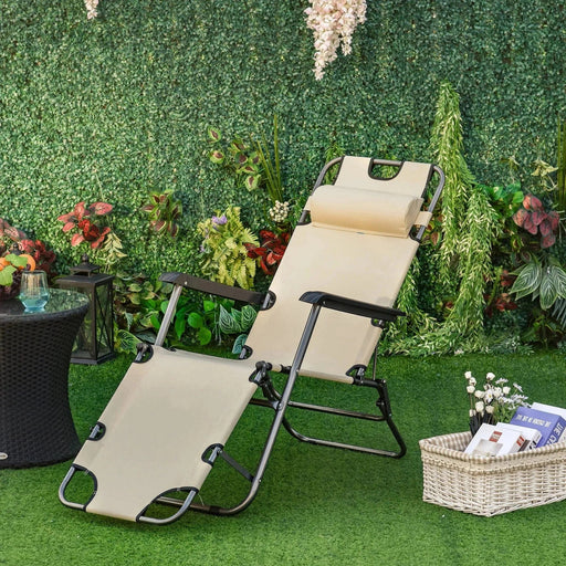 Convertible Beige Sun Lounger - Elegant Folding Recliner with Pillow - Outsunny - Green4Life