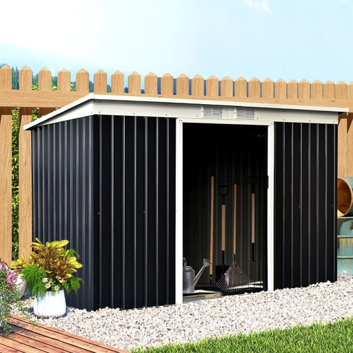 Outsunny 9 x 4 ft Corrugated Steel Garden Storage Shed with Vents & Doors - Dark Grey - Green4Life
