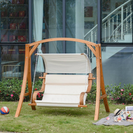 Wooden 2-Seater A-Frame Swing With Canopy and Cushion - Cream White - Outsunny - Green4Life