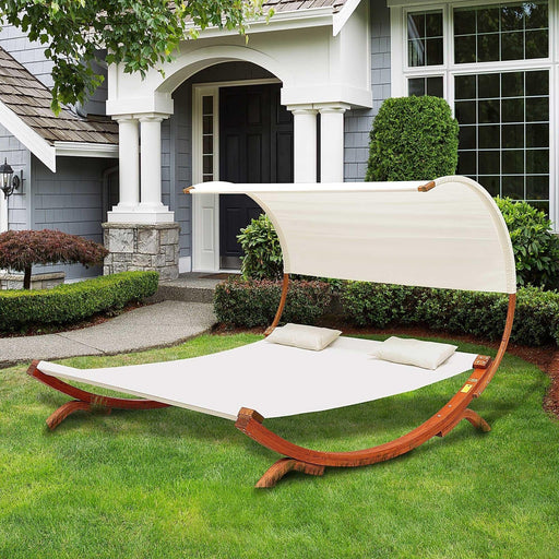Wooden Double Sun Lounger Hammock Chaise Day Bed with Canopy - Cream - Outsunny - Green4Life
