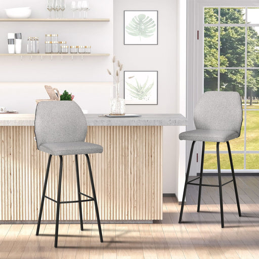 Set of 2 Linen-Touch Upholstered Bar Chairs with Backs and Steel Legs - Light Grey - Green4Life