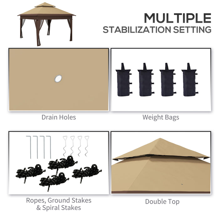 10 x 10 ft (3 x 3m) Gazebo with Protective Mosquito Netting - with Carry Bag and Sandbags - Khaki - Outsunny