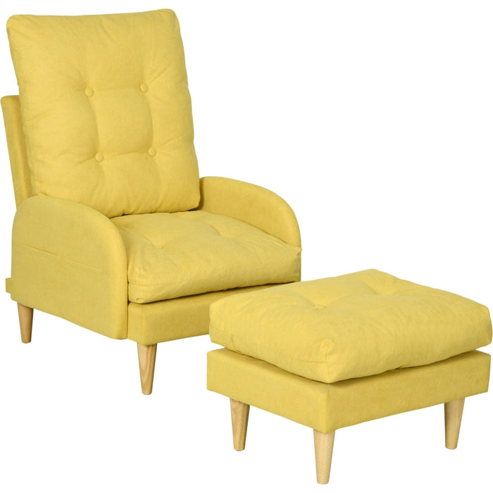 Upholstered Button Tufted Accent Armchair & Footstool Set with Wooden Legs and Side Pockets - Yellow - Green4Life