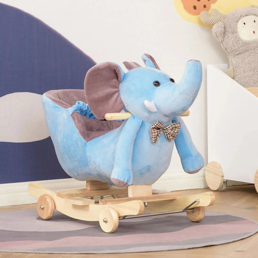 2 In 1 Plush Baby Ride on Rocking Elephant with Wheels, Wooden Toy for Kids with 32 Songs - Blue - Green4Life