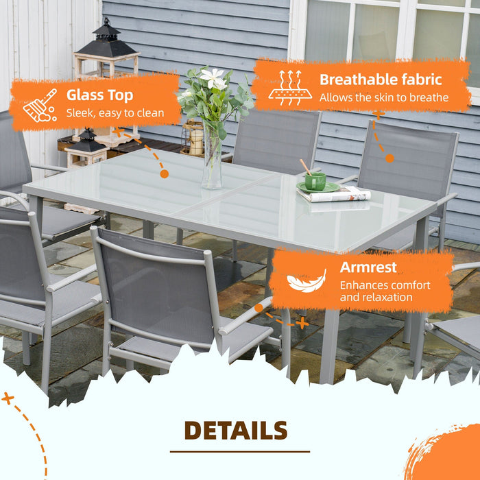 Modern Garden Dining Set - 7-Piece with Tempered Glass Table & Stackable Chairs - Grey - Outsunny - Green4Life