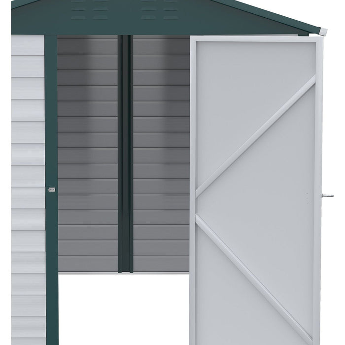 Outsunny 9FT x 6FT Galvanizsed Metal Garden Shed with Sloped Roof, Lockable Door - White/Green - Green4Life