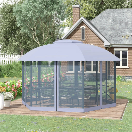 Outsunny 4x4.7m Grey Hexagonal Patio Gazebo with 2-Tier Roof and Netting - Green4Life