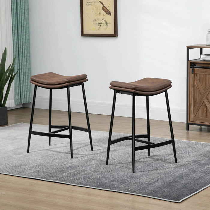 Set of 2 Industrial Style Microfibre Upholstered Barstools with Curved Seat and Steel Frame - Brown - Green4Life