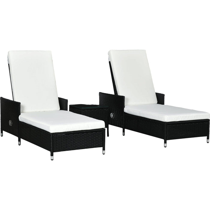 Outsunny 3-Piece Rattan Sun Lounger Set with Adjustable Backrest, Cushions, and Glass Top Table - White/Black - Green4Life