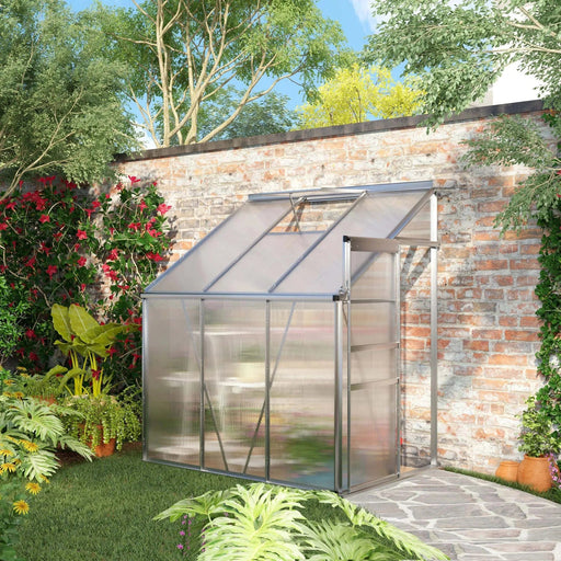 Outsunny 6 x 4ft Lean to Wall Polycarbonate Greenhouse with Aluminium Frame, Roof Vent and Sliding Door - Clear - Green4Life