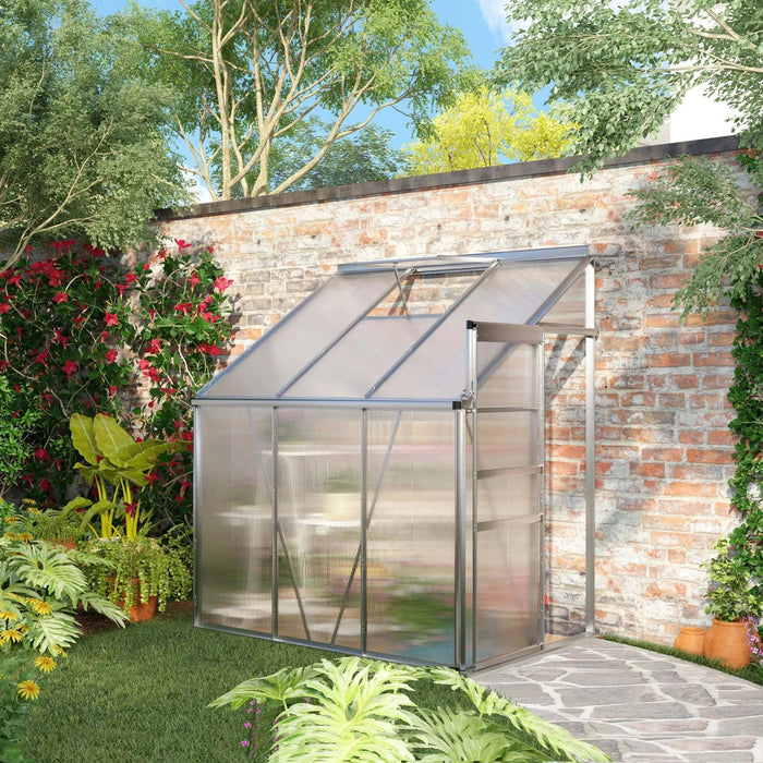 Outsunny 6 x 4ft Lean to Wall Polycarbonate Greenhouse with Aluminium Frame, Roof Vent and Sliding Door - Clear - Green4Life