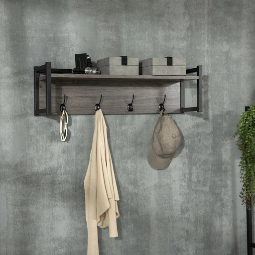Wall-Mounted Coat Rack with 4 Hooks and Open Storage Shelf - Grey - Green4Life