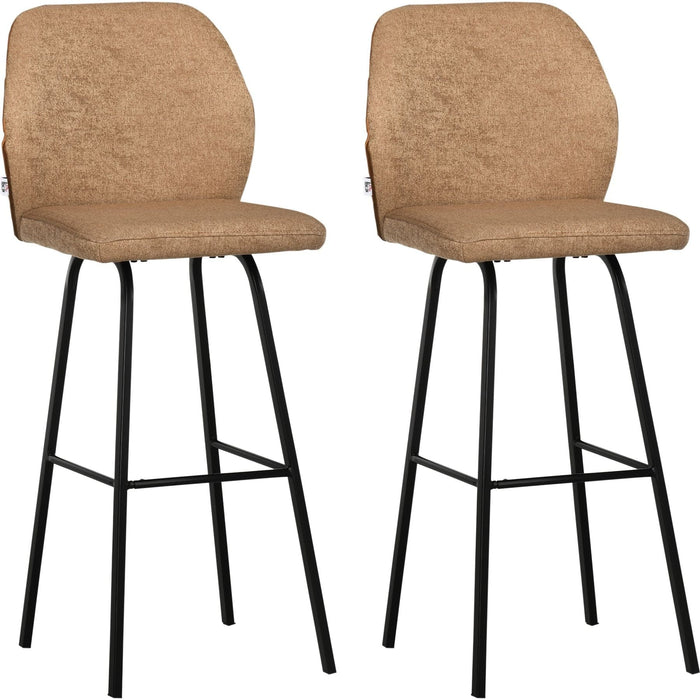 Set of 2 Linen-Touch Upholstered Bar Chairs with Backs and Steel Legs - Light Brown - Green4Life