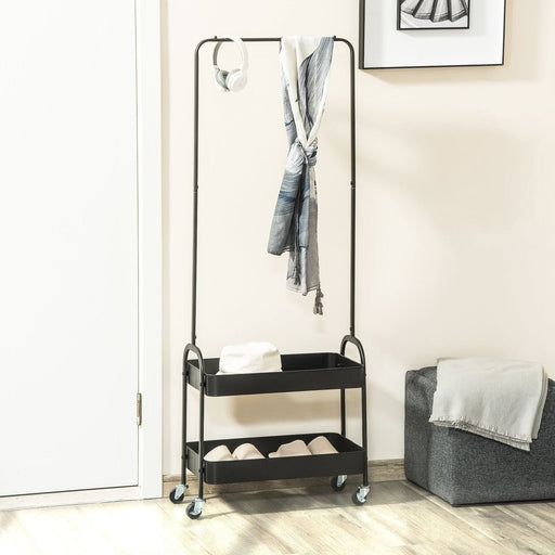 Metal Clothes Rack with Shoe Storage on Wheels with 2 Storage Shelves - Black - Green4Life