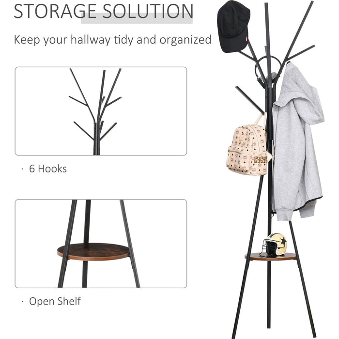 180cm Freestanding Metal Coat Rack Stand with 9 Hooks & 1 Small Shelf - Brown - Green4Life