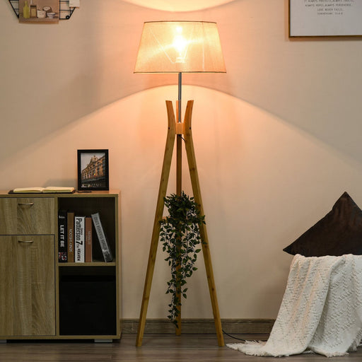 Tripod Floor Lamp with Natural Wood Legs & Fabric Shade - Beige - Green4Life