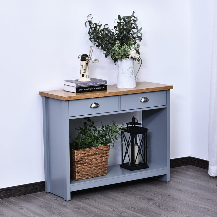 Rustic Style 2 Drawers Console Table with Bottom Shelf - Grey - Green4Life