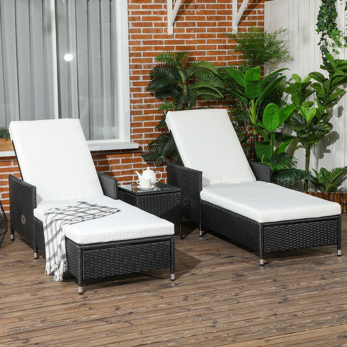 Outsunny 3-Piece Rattan Sun Lounger Set with Adjustable Backrest, Cushions, and Glass Top Table - White/Black - Green4Life